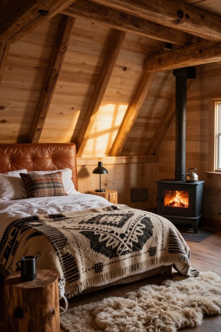 Wooden cabin bedroom with sloped ceilings, leather tufted headboard bed covered in white sheets and pillows plus a large black-and-white geometric woven blanket, black wood stove with fire and kettle, stump side tables, and sheepskin rugs on wood floor.