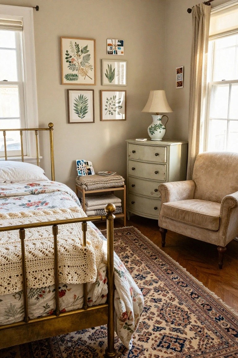 Corner view of a beige bedroom with brass bed frame, floral quilt and pillows, white crochet throw draped on footboard, green dresser with stacked blankets, beige armchair, and botanical art on walls.
