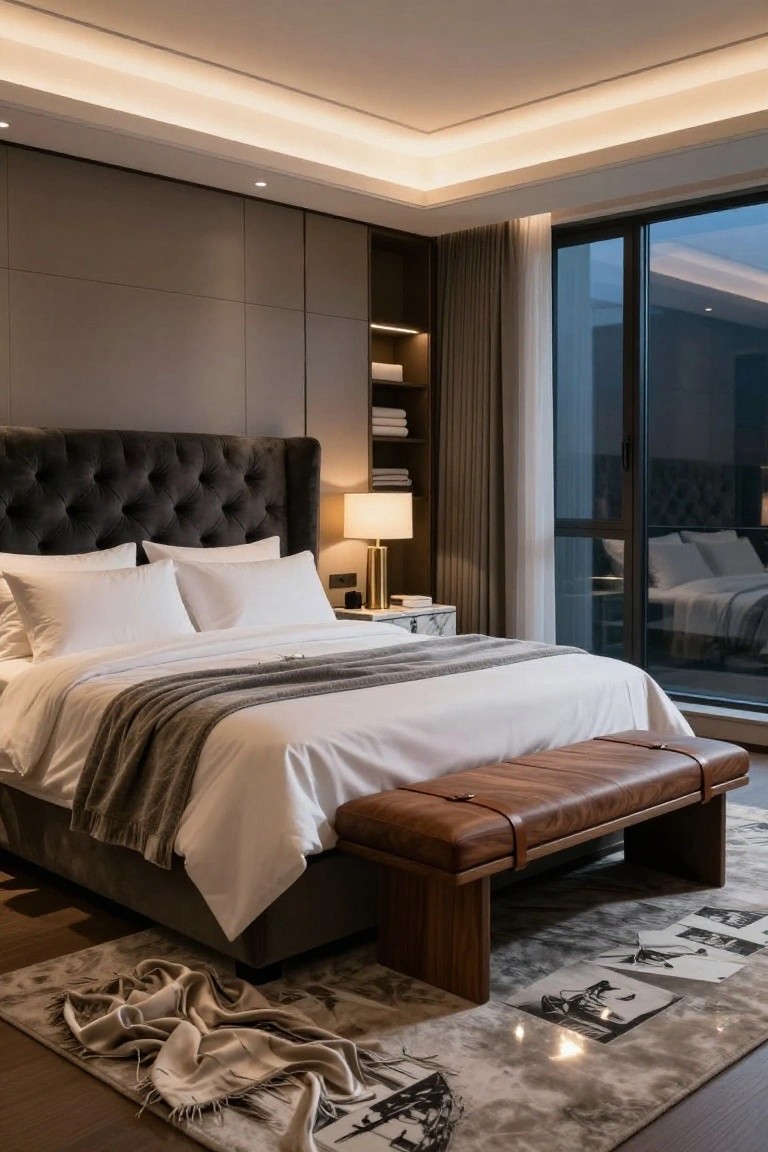 Modern bedroom with gray tufted headboard, white pillows and duvet topped with gray throw, brown leather bench at bed foot, cream blanket draped on gray rug, large window with curtains, and recessed lighting.