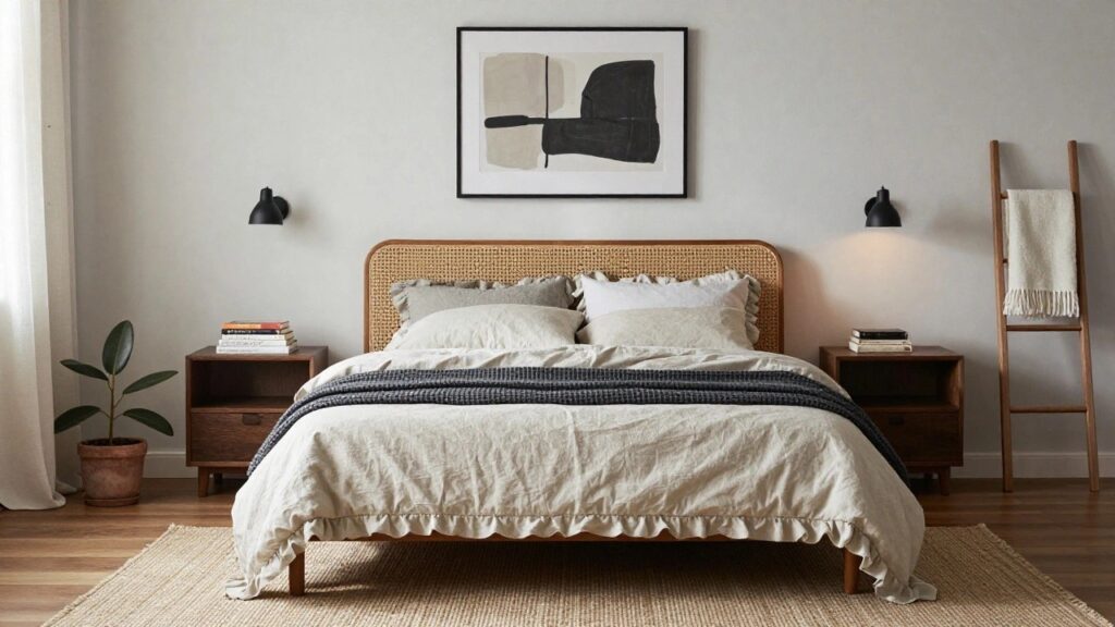 18 Cozy Blanket and Throw Bedroom Ideas for Extra Comfort Bedroom featuring a rattan headboard bed with white linen bedding and a dark gray chunky knit throw draped over it, next to a wooden nightstand holding a white lamp, books, and a potted plant, with a light gray wall, framed artwork, and towel ladder nearby.