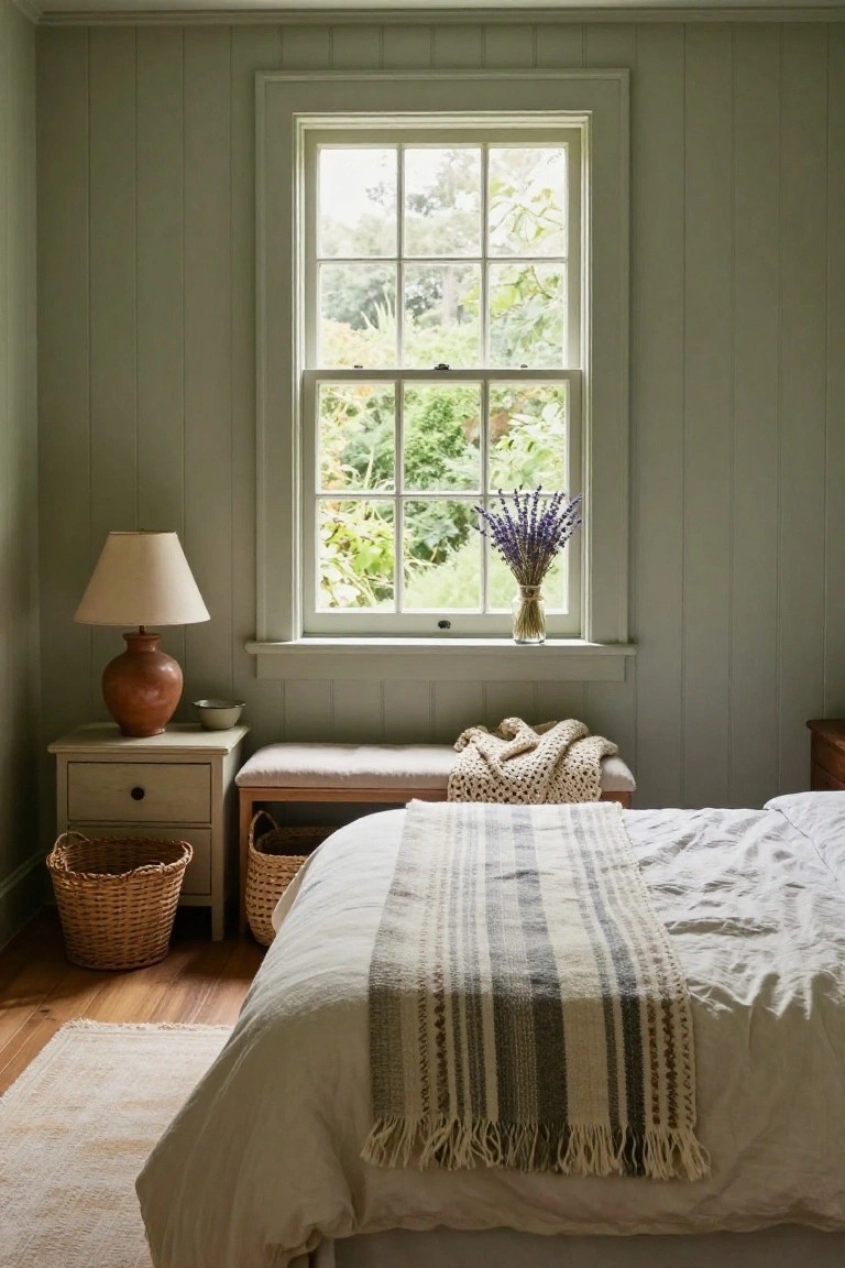 Bedroom with sage green paneled walls, double-hung window overlooking garden, white bed topped with gray striped woven throw, cushioned bench with knitted blanket, terracotta lamp on white nightstand, two wicker baskets, and hardwood floors.