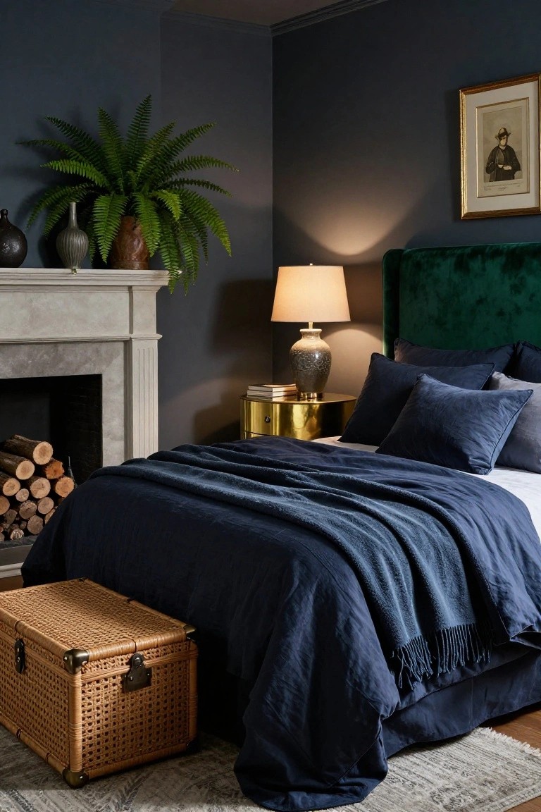 Moody navy bedroom corner with green velvet headboard, navy linen bedding draped with fringed blue-gray throw, marble fireplace stacked with firewood, gold side table and lamp, potted fern, ceramic vases, and wicker trunk on rug.