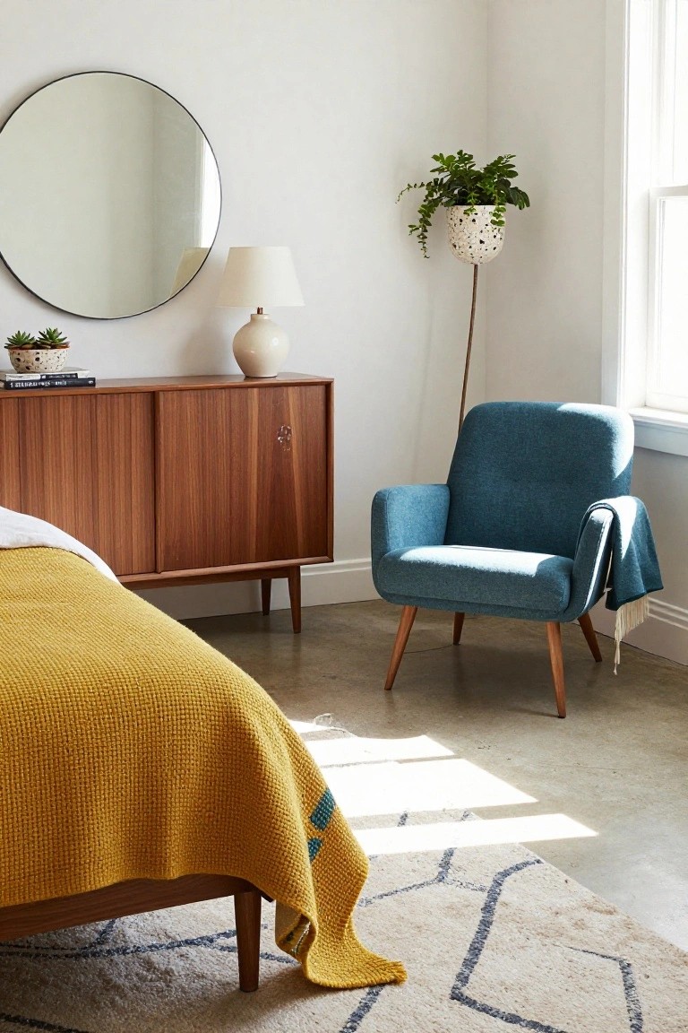 Bedroom corner with yellow knit blanket draped over bed, blue armchair with teal throw, wooden credenza topped with plants and lamp, round black-framed mirror, floor lamp with hanging plant, and geometric rug on concrete floor.