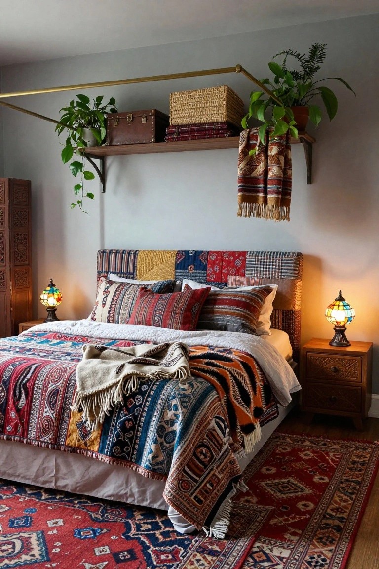 A bedroom with a quilted patchwork headboard bed covered in colorful patterned quilts, blankets, and pillows, flanked by stained glass lamps on wooden nightstands, plants and shelves on the wall above, and a red patterned rug on the floor.
