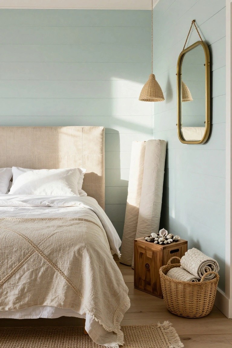 Bedroom corner with beige upholstered bed topped by white sheets and tan woven throw, wooden crate with seashells and white towels, wicker basket of folded linens, rolled white fabric against light blue shiplap wall, gold mirror, and rattan pendant light.