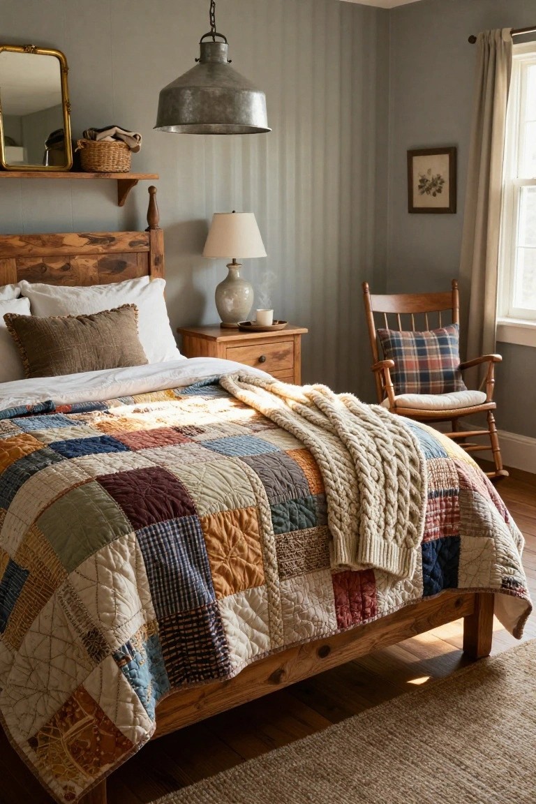 A bedroom with a wooden bed covered in a multicolored patchwork quilt and draped with a white chunky knit throw, beside a wooden nightstand, rocking chair, and gray paneled walls under warm pendant lighting.