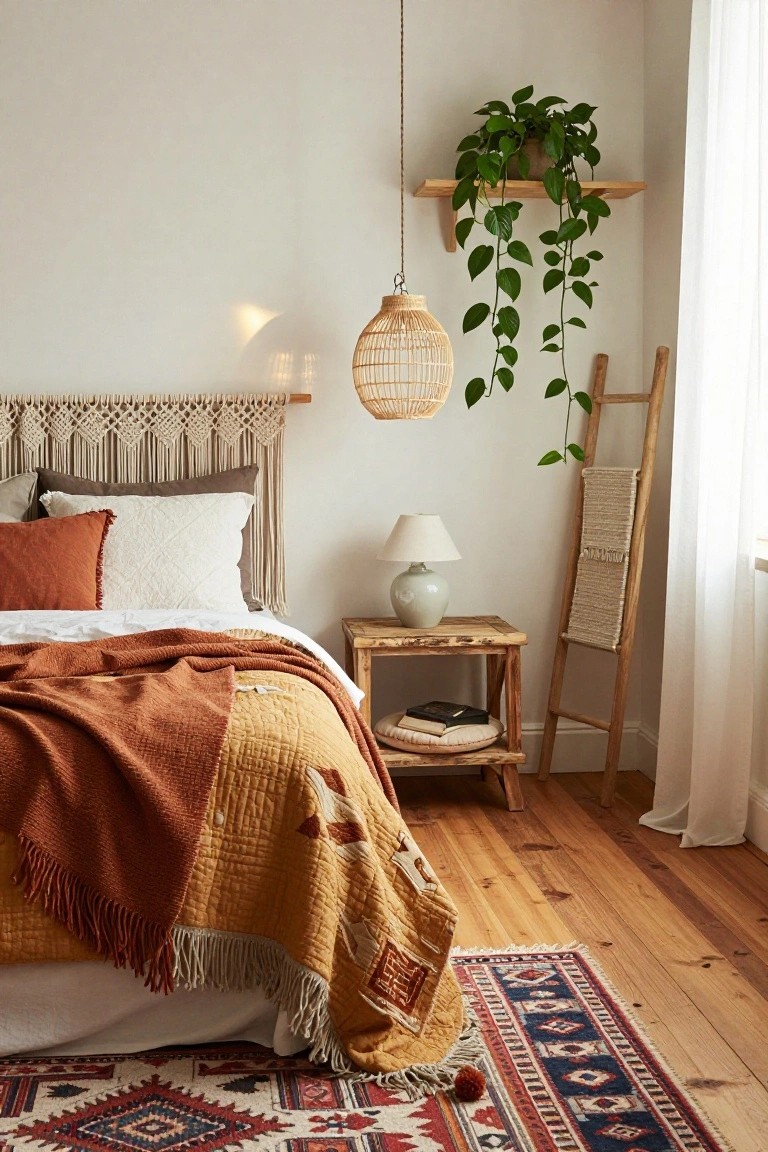 Bedroom with wooden bed frame, macrame headboard, layered pillows, terracotta fringed quilted throw on bed, nightstand with ceramic lamp and books, hanging rattan pendant light, potted trailing plant on shelf, wooden ladder, and patterned rug on wood floor.