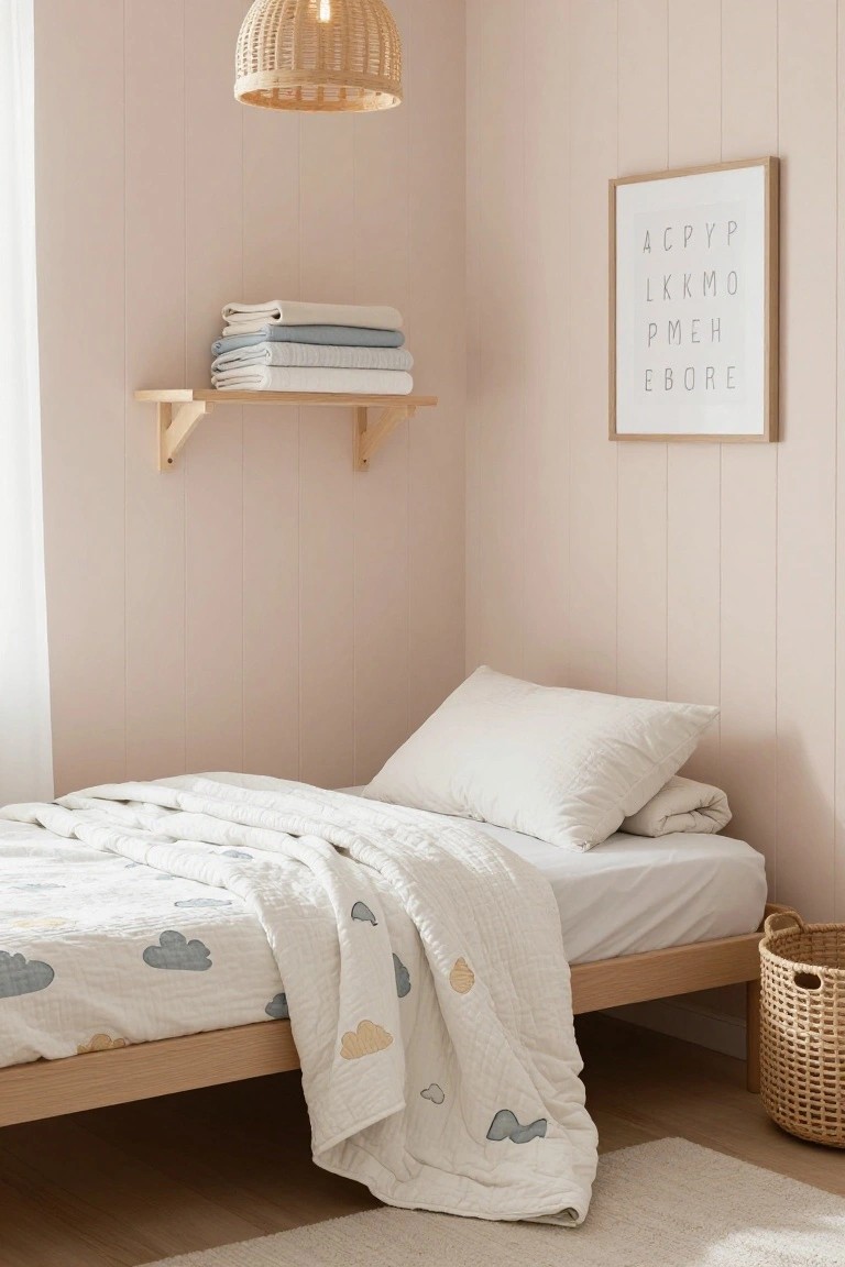 A light pink shiplap-walled bedroom with a low wooden single bed draped in a white quilted blanket printed with gray, blue, and yellow clouds, a white pillow, stacked white and blue towels on a wall shelf, woven pendant light, framed white letter art, and a wicker basket nearby.