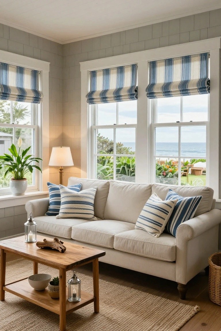 Cozy sunroom interior with cream sofa, blue-and-white striped roman shades on large windows overlooking the ocean, matching striped pillows, natural wood coffee table, potted plants, and seagrass rug on hardwood floor.