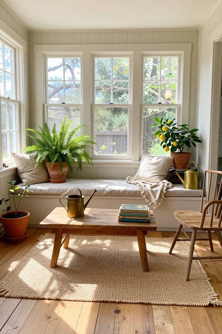 Bright sunroom with white shiplap walls, three large multipane windows showing trees and greenery outside, cushioned bench seat with pillows and throw blanket, potted ferns and lemon tree, wooden low table, brass watering can, wooden chair, and seagrass rug on hardwood floors.