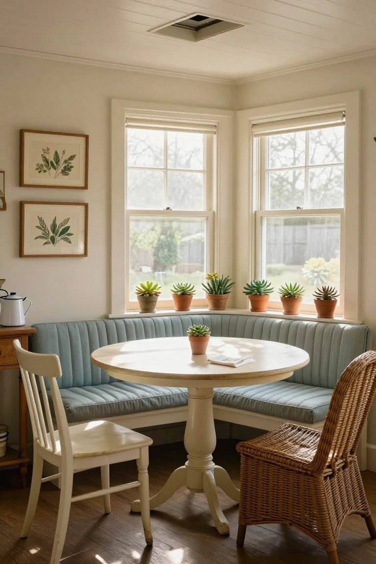 A sunroom corner with blue tufted banquette seating around a round wooden pedestal table, flanked by white wooden and wicker chairs, potted succulents on windowsills and table, and botanical art on cream walls.