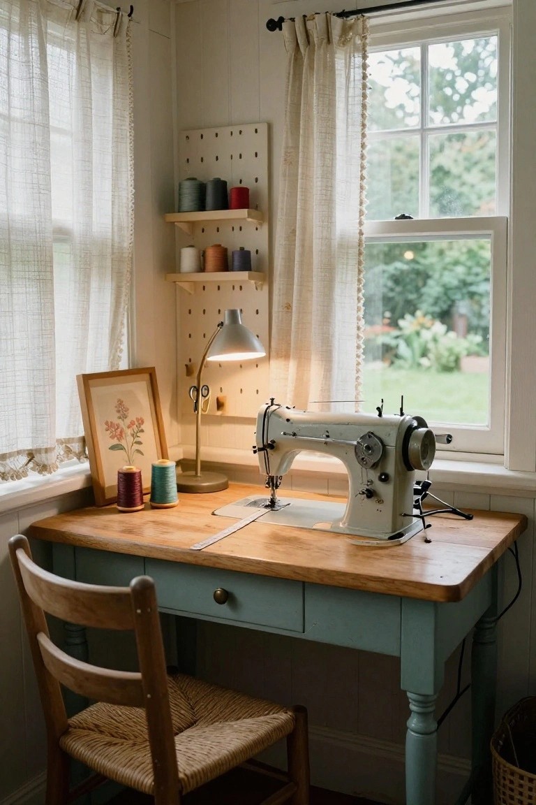 Vintage white sewing machine on a wooden desk in a bright room corner, with pegboard shelf holding colorful thread spools and tools, desk lamp, wooden chair, and large window with sheer curtains showing garden outside.