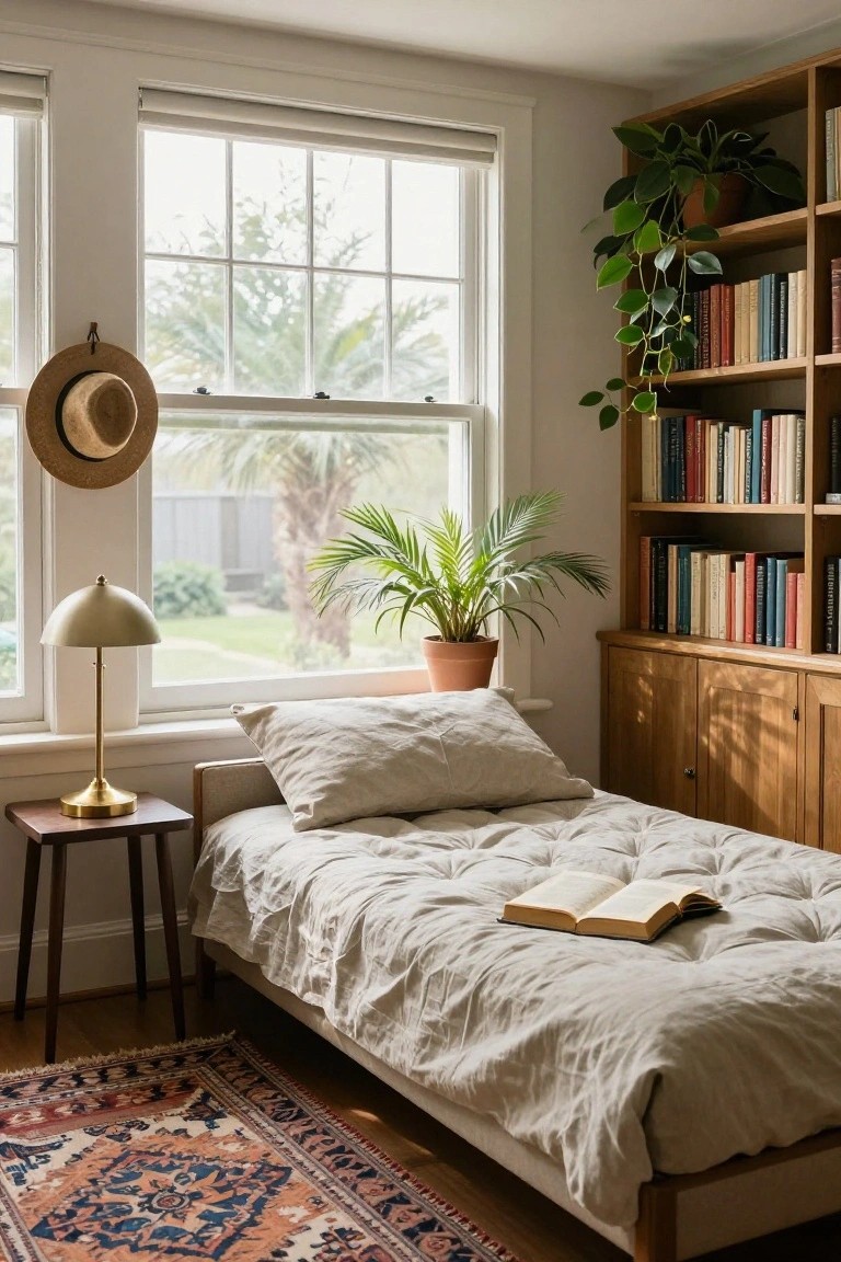A sunlit interior room corner featuring a low wooden daybed with tufted white linens and an open book, a brass lamp on a wooden side table, potted plants, wooden bookshelves filled with books, large windows overlooking palms and a yard, and a patterned rug on the floor.