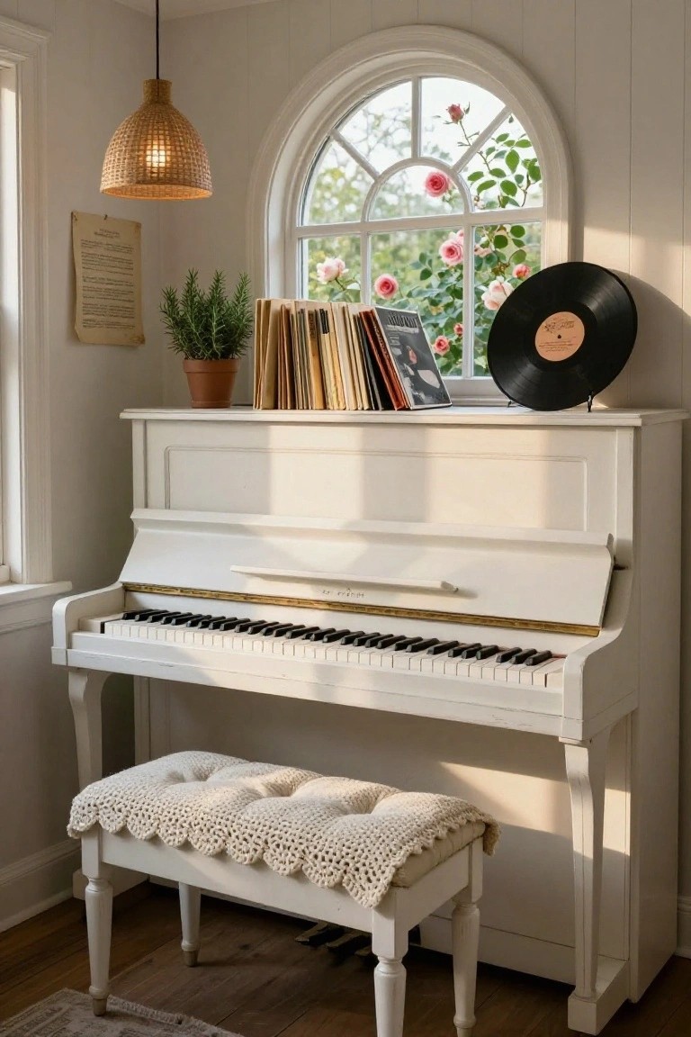White upright piano in a corner of a light room with arched window showing roses outside, rattan pendant lamp overhead, books plant and vinyl record on piano top, crochet-covered bench in front.