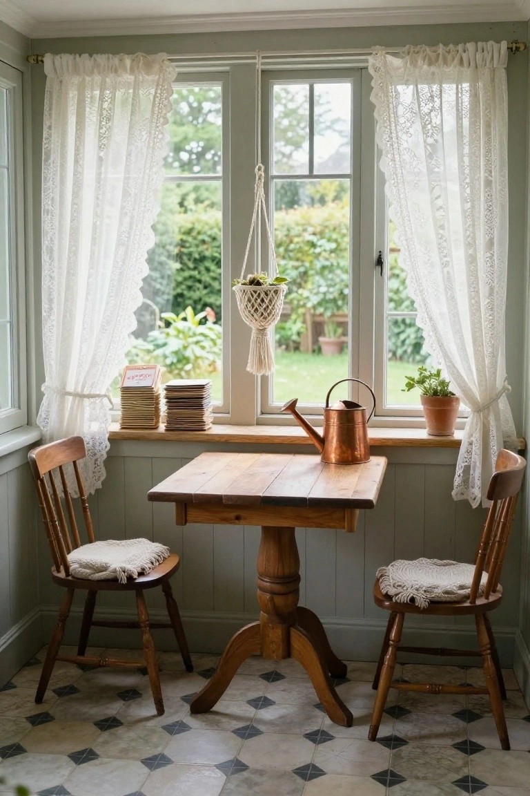 Sunroom interior with sage green paneled walls, large triple windows draped in white lace curtains overlooking a lush garden, small wooden pedestal table with two wooden chairs topped with white wool cushions, copper watering can and potted herbs on the windowsill, macrame plant hanger, and stack of wooden recipe cards.