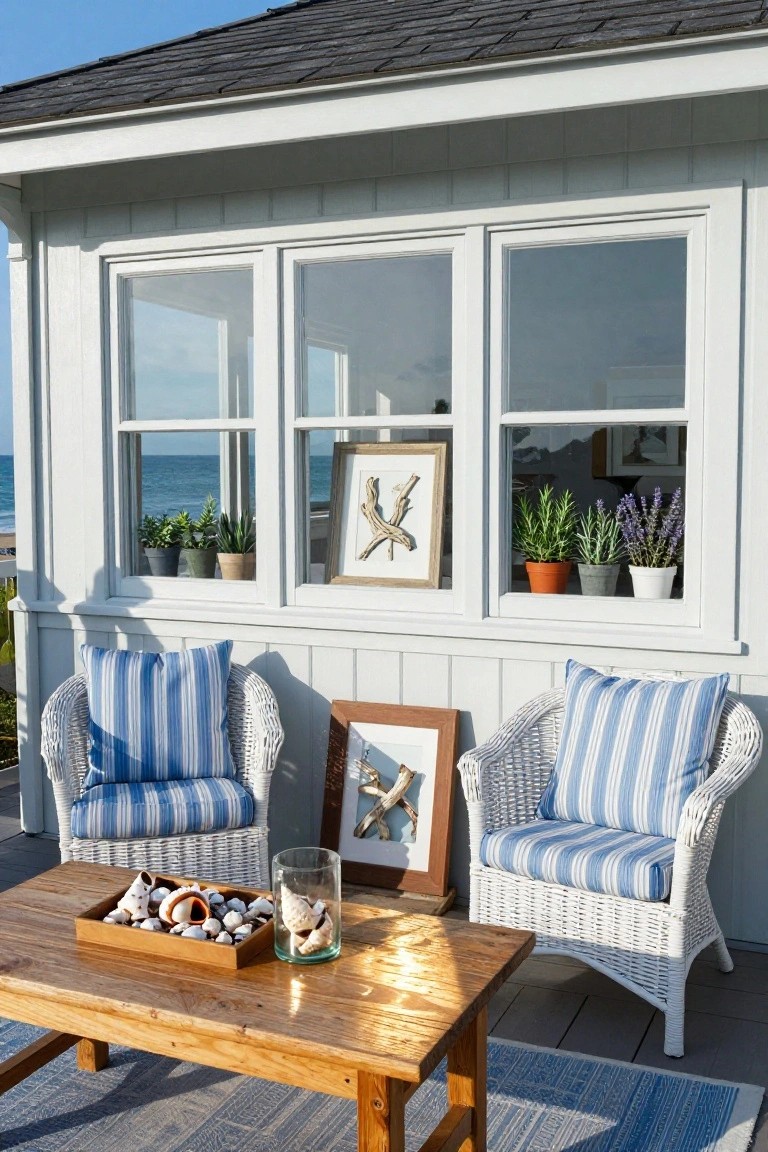 White clapboard sunroom structure with large triple windows overlooking the ocean, potted plants on sills including lavender and succulents, two wicker armchairs with blue striped cushions facing the windows, wooden table with seashells and glass vase between them on a deck with gray outdoor rug.
