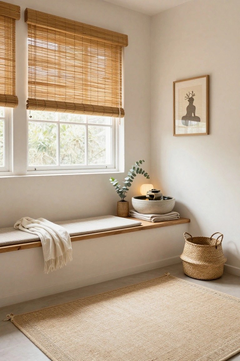Light interior room with bamboo blinds on tall windows overlooking greenery, wooden built-in bench holding white cushions and folded throw, eucalyptus plant beside ceramic bowl fountain with light, woven basket, and seagrass rug on floor.