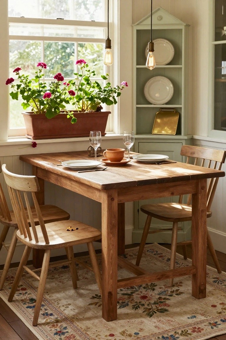 A small wooden dining table in a sunlit window corner of a room, set with white plates, a terracotta mug, wine glasses, and a window box of pink geraniums, with wooden chairs, a green shelf unit, and pendant lights.