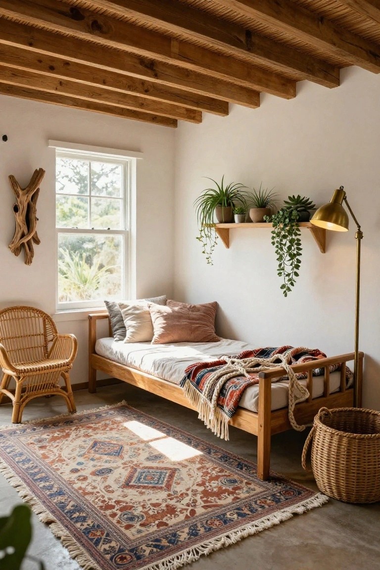 A bright indoor room with exposed wooden beam ceiling, white walls, large window showing greenery outside, wooden shelves with potted plants, rattan armchair, wooden daybed with white sheets colorful pillows and woven throw, patterned rug on concrete floor, and wicker basket.