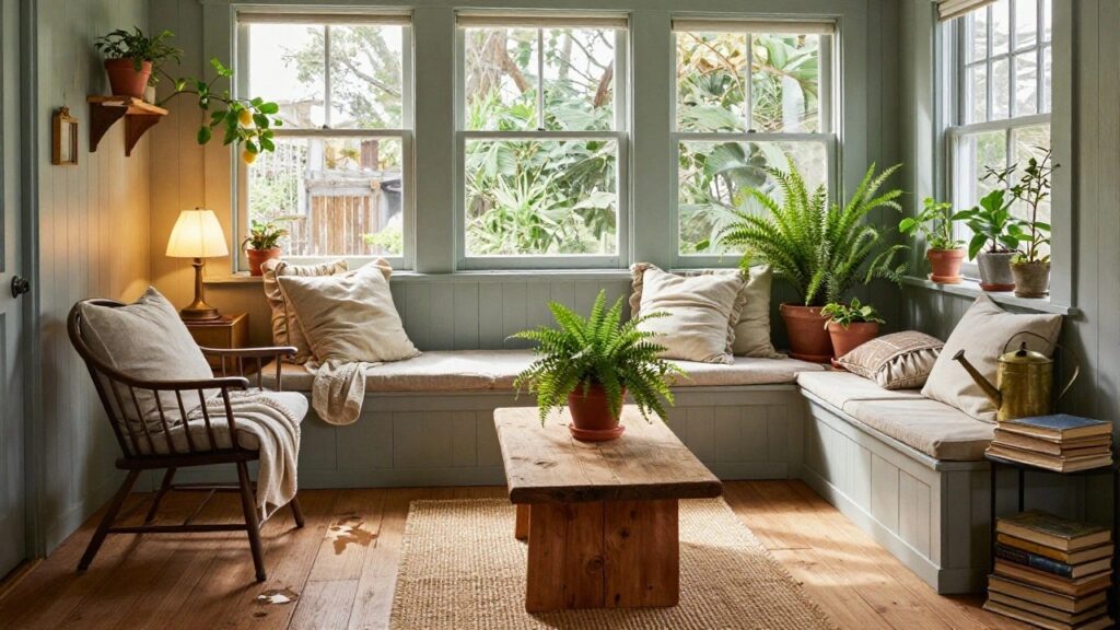 18 Cozy Cottage Sunroom Ideas That Feel Wonderfully Peaceful Bright sunroom with white shiplap walls, three large multipane windows showing trees and greenery outside, cushioned bench seat with pillows and throw blanket, potted ferns and lemon tree, wooden low table, brass watering can, wooden chair, and seagrass rug on hardwood floors.