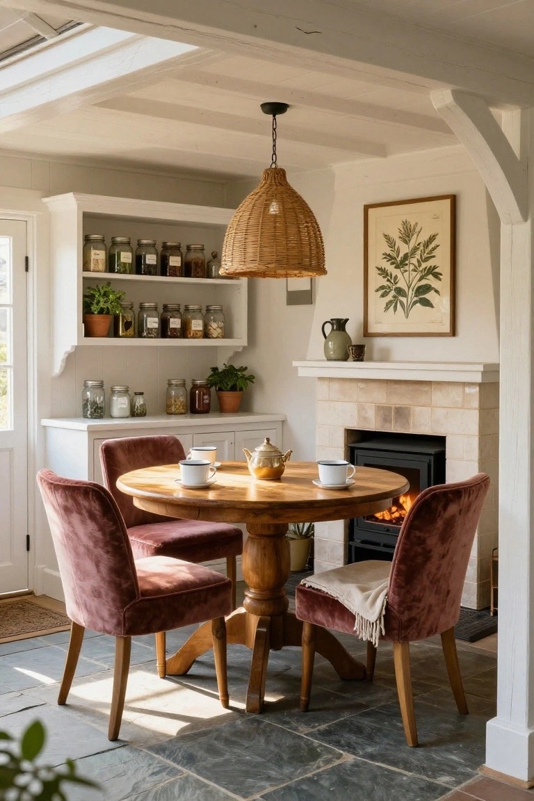 Sunlit cottage interior with round wooden dining table, four pink velvet upholstered chairs, rattan pendant light, open shelves with jars and plants, white cabinets, beige stone fireplace with fire burning, and slate tile floor.