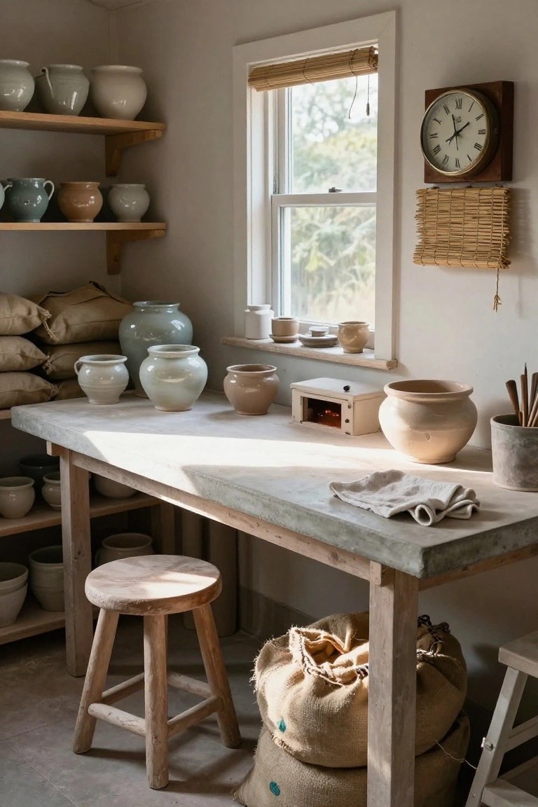 Pottery studio interior with wooden shelves displaying various unglazed and glazed clay pots and jars, a concrete-topped workbench with wooden stool and burlap sacks, small kiln, tools, and window with natural light.