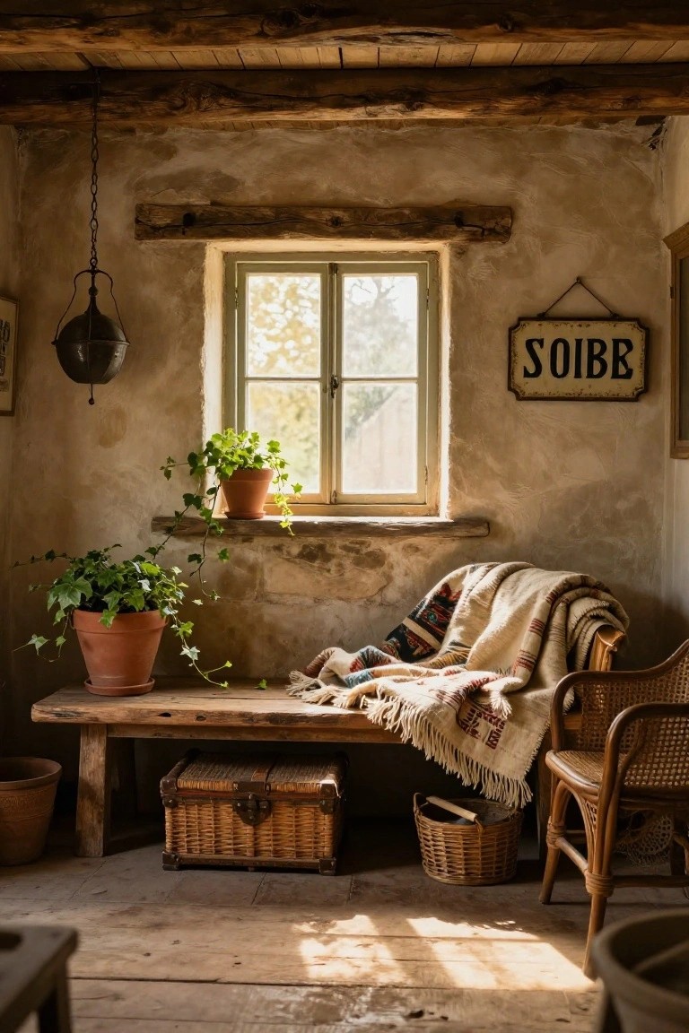Rustic interior room with stone walls, wooden beams, a wooden bench draped in colorful blankets under a sunlit window with potted ivy plants on the sill and floor, a wicker chair, wooden trunk, and woven baskets.