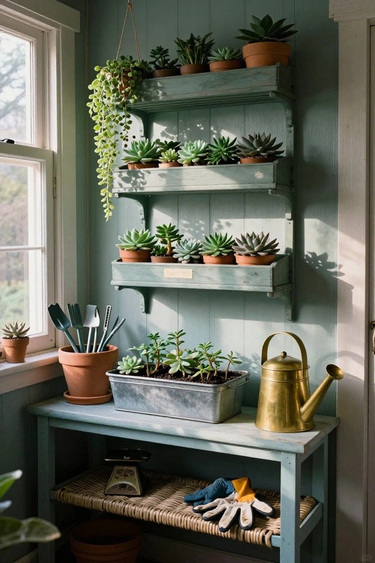 Bright indoor gardening corner with succulent plants, watering can, gardening tools, and gloves.