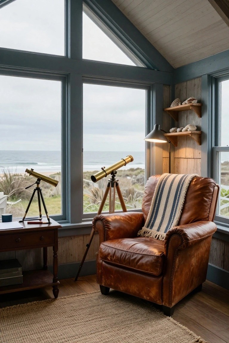 Cozy sunroom interior with large triangular windows overlooking a beach and ocean, a brown leather armchair draped with a striped blanket, wooden side table, two brass telescopes on tripods, and wooden shelves with seashells.