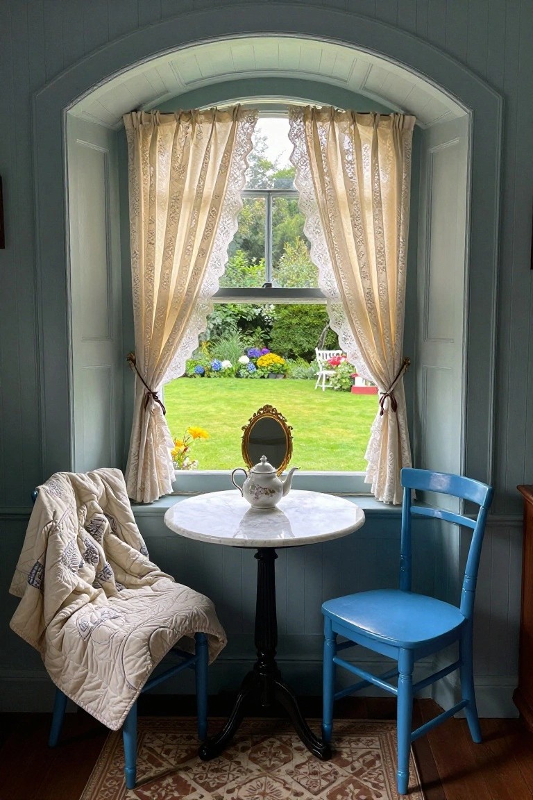 Sage green paneled room with arched window framed by cream lace curtains overlooking a lush garden, round white marble table holding a white teapot and gold-framed mirror, two blue wooden chairs with one draped in a cream quilt, on a patterned rug.