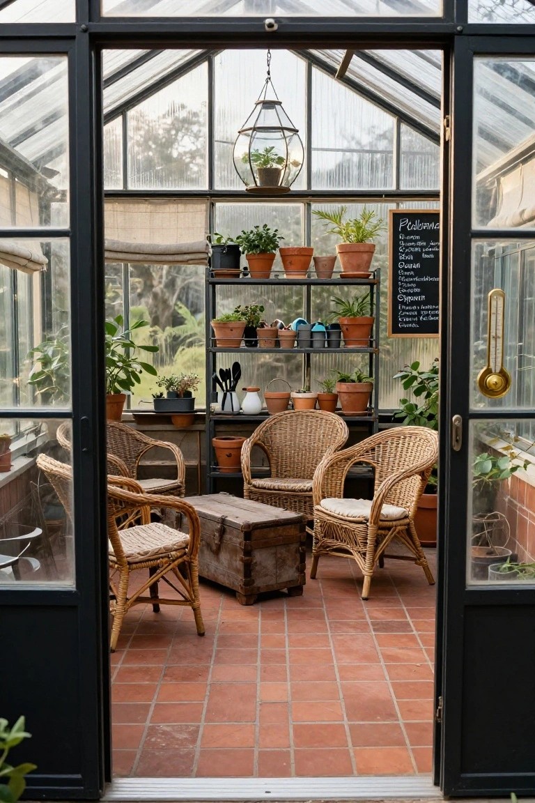 Glass-walled greenhouse sunroom viewed from the doorway, featuring wicker chairs arranged around a wooden crate table amid potted plants on shelves and blackboard labeling plant names.