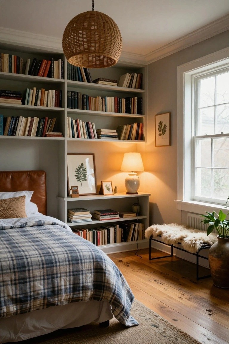 Cozy bedroom corner with floor-to-ceiling built-in bookshelves filled with books, plaid bed with leather headboard, ceramic table lamp, and sheepskin bench by window.