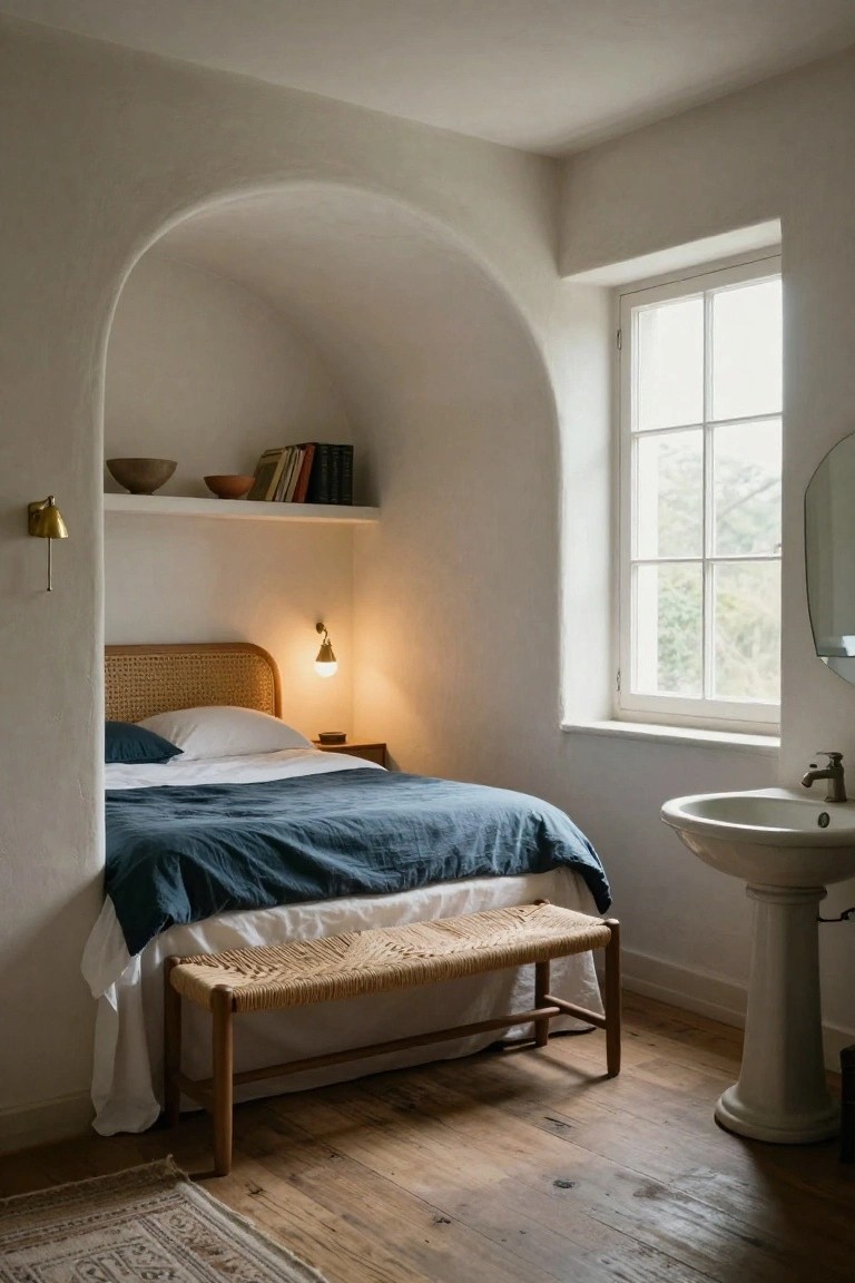 Whitewashed bedroom featuring a bed in an arched alcove with rattan headboard, teal linens, wooden shelves, brass lamp, bench, pedestal sink, and window.