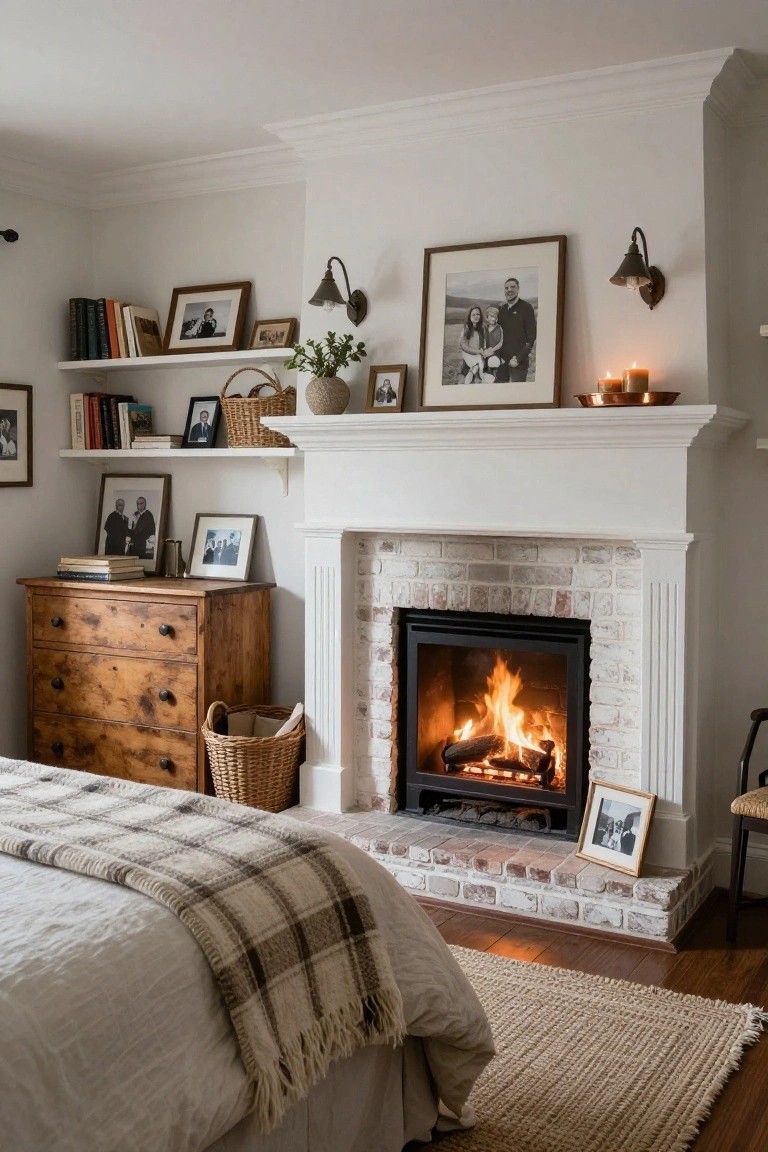 A farmhouse-style bedroom with a white brick fireplace containing a lit fire, a nearby bed draped in a plaid throw and white linens, wooden dresser, floating shelves holding books frames and plants, and wall sconces.