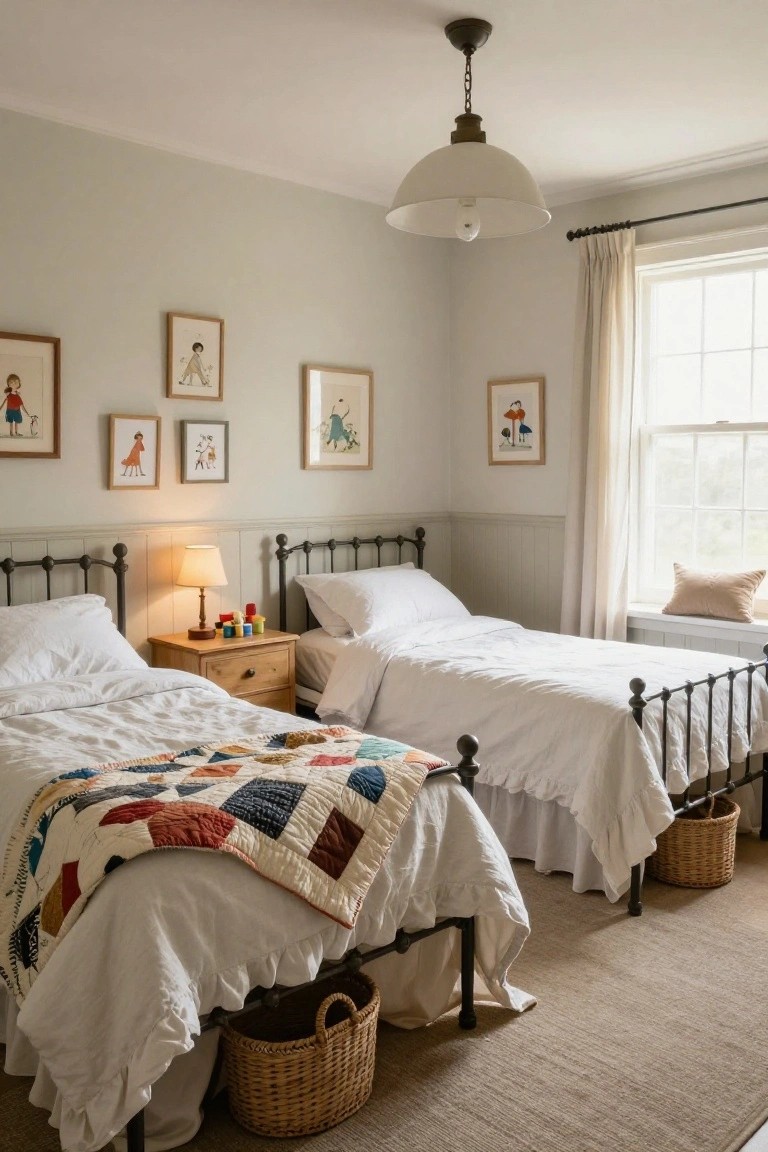 Children's bedroom with two iron twin beds draped in white linens and a colorful patchwork quilt on one, wooden nightstand with lamp and toys, wicker baskets under beds, framed children's artwork on pale green walls, and a window with sheer curtains.