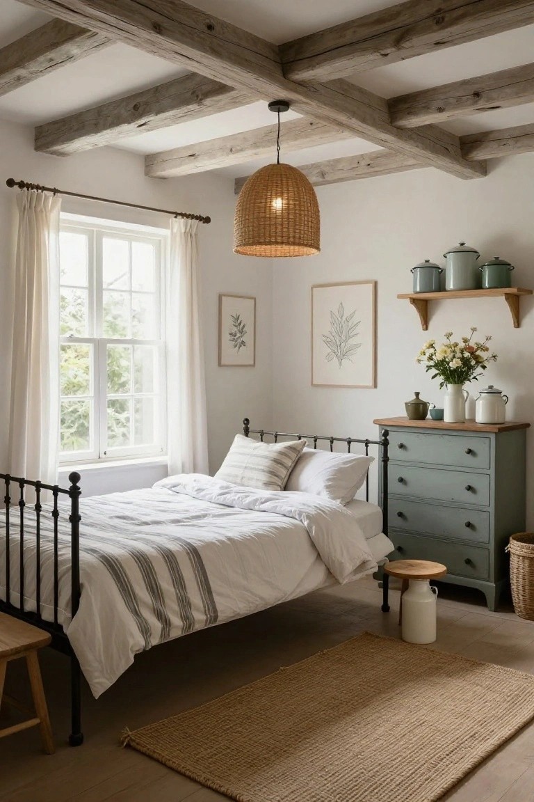 A cozy bedroom with exposed wooden beam ceiling, rattan pendant light, black iron bed with white striped duvet, sage green dresser, potted plants, and sheer curtains on a window.