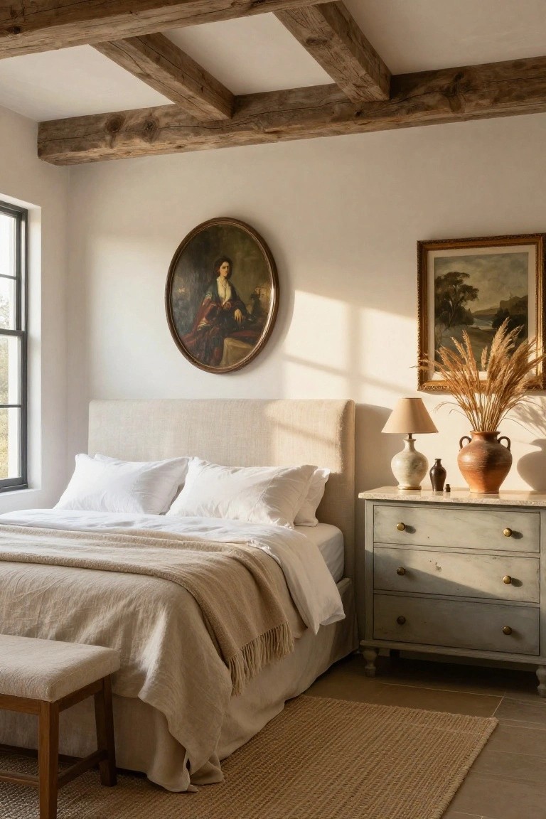 Bedroom interior featuring dark exposed wooden beams on a white ceiling, a beige linen-upholstered bed with white sheets and beige throw, antique white dresser with lamp and vase, oval portrait and landscape painting on walls, near a window.