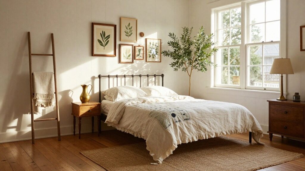 18 Cozy Farmhouse Bedroom Ideas For A Warm Collected Feel White shiplap-walled bedroom corner with black metal bed draped in white ruffled linens and colorful quilt, wooden ladder holding fabric near tall potted olive tree, botanical prints on walls, wood nightstand with brass lamp and pitcher by window, seagrass rug on wood floor.