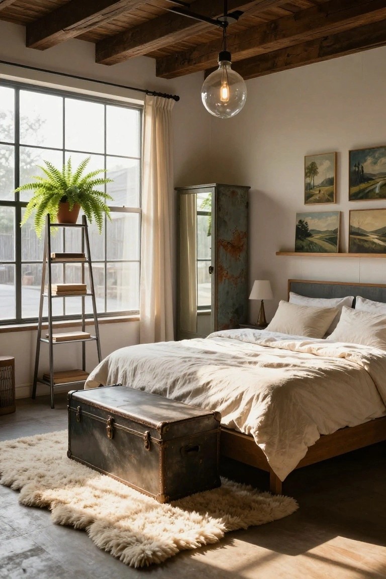 Bright bedroom with a bed, vintage trunk, ladder shelf, and potted fern.