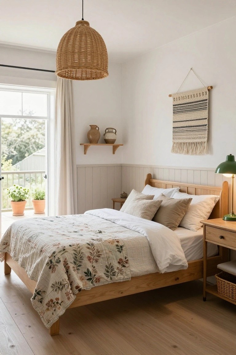 A cozy bedroom with light wood bed frame and nightstand, white floral quilted bedding, rattan pendant light, green banker's lamp, macrame wall hanging, terracotta pots on shelves, and open balcony doors showing potted plants outside.