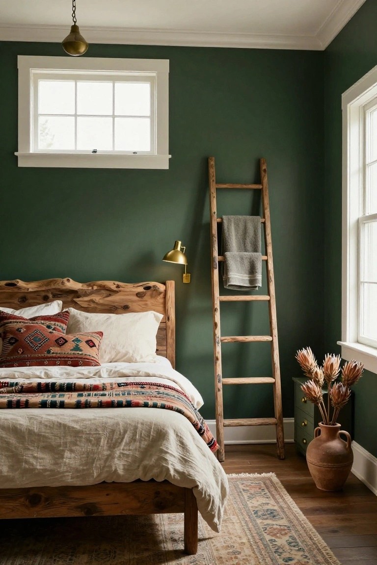 A cozy bedroom with deep green walls, a live-edge wooden headboard on a bed with white linens, patterned pillows, and a colorful quilt, a tall wooden ladder draped with a gray towel nearby, dried protea stems in a terracotta pot on the floor, brass pendant light and wall sconce, hardwood floors, and a patterned rug.