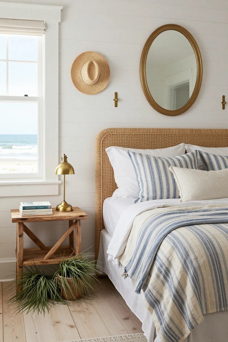 Bedroom with rattan headboard, white and blue striped pillows and duvet on bed, wooden nightstand with brass lamp books and potted plant, gold oval mirror on wall, straw hat hung nearby, linen shade on window showing ocean view, light wood floors.