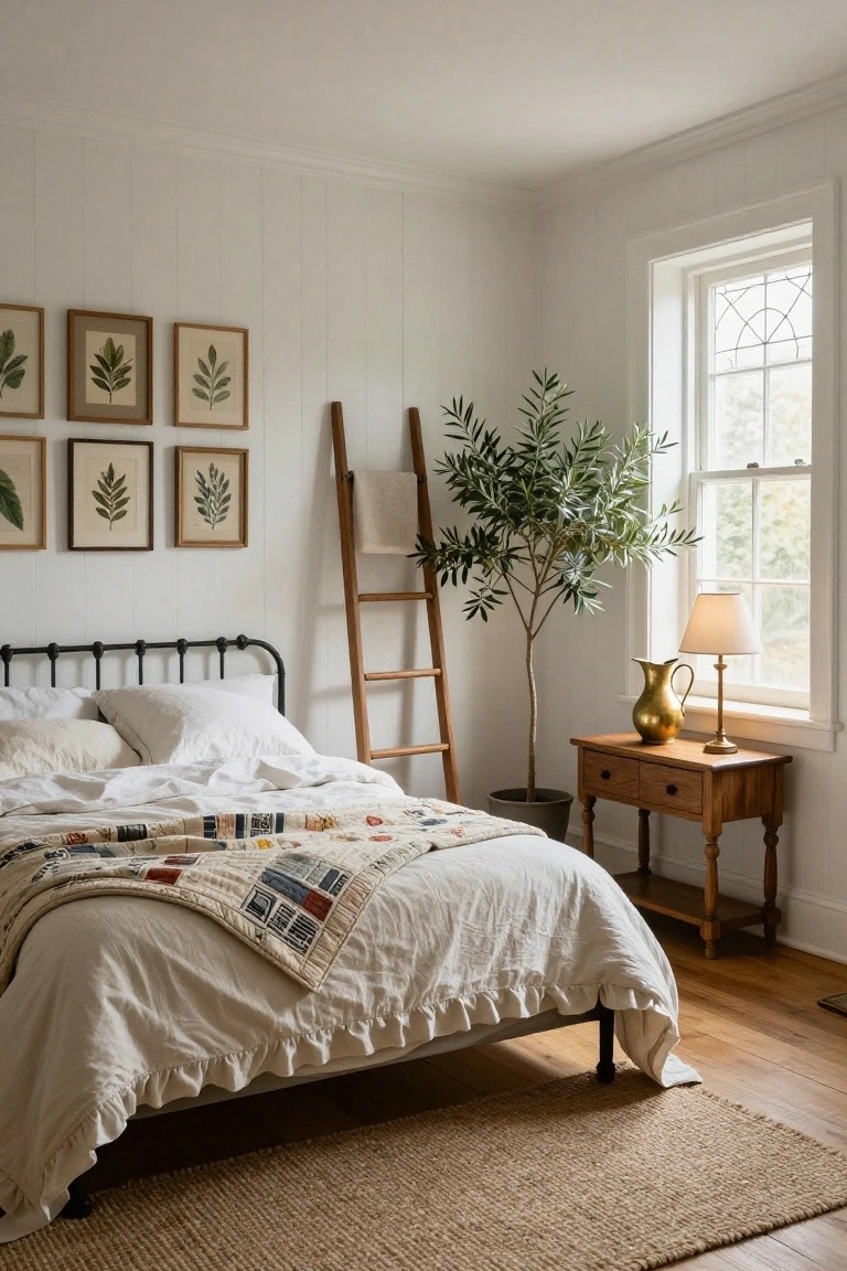 White shiplap-walled bedroom corner with black metal bed draped in white ruffled linens and colorful quilt, wooden ladder holding fabric near tall potted olive tree, botanical prints on walls, wood nightstand with brass lamp and pitcher by window, seagrass rug on wood floor.