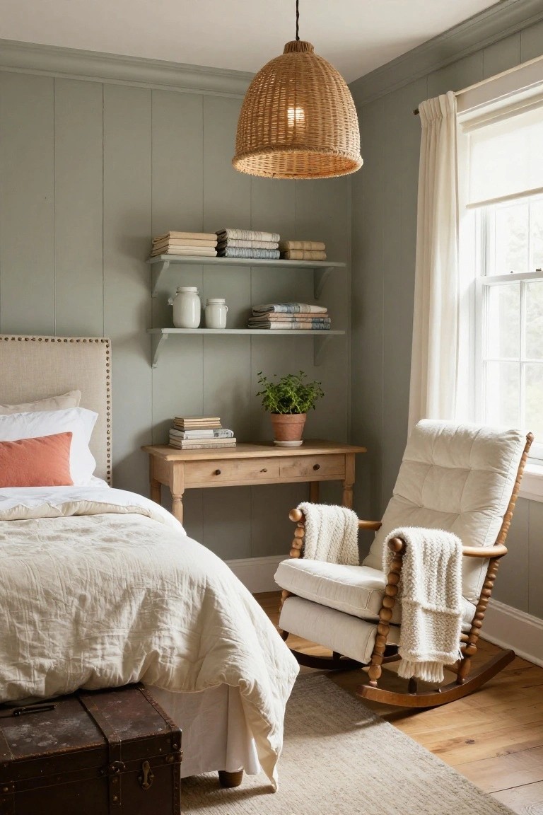 Bedroom with light sage green shiplap walls, beige tufted headboard bed with white duvet and pillows, wooden nightstand with books and potted plant, floating shelves holding jars and books, rattan pendant light, white cushioned rocking chair with knit throws, vintage trunk, hardwood floors, and white curtains on window.