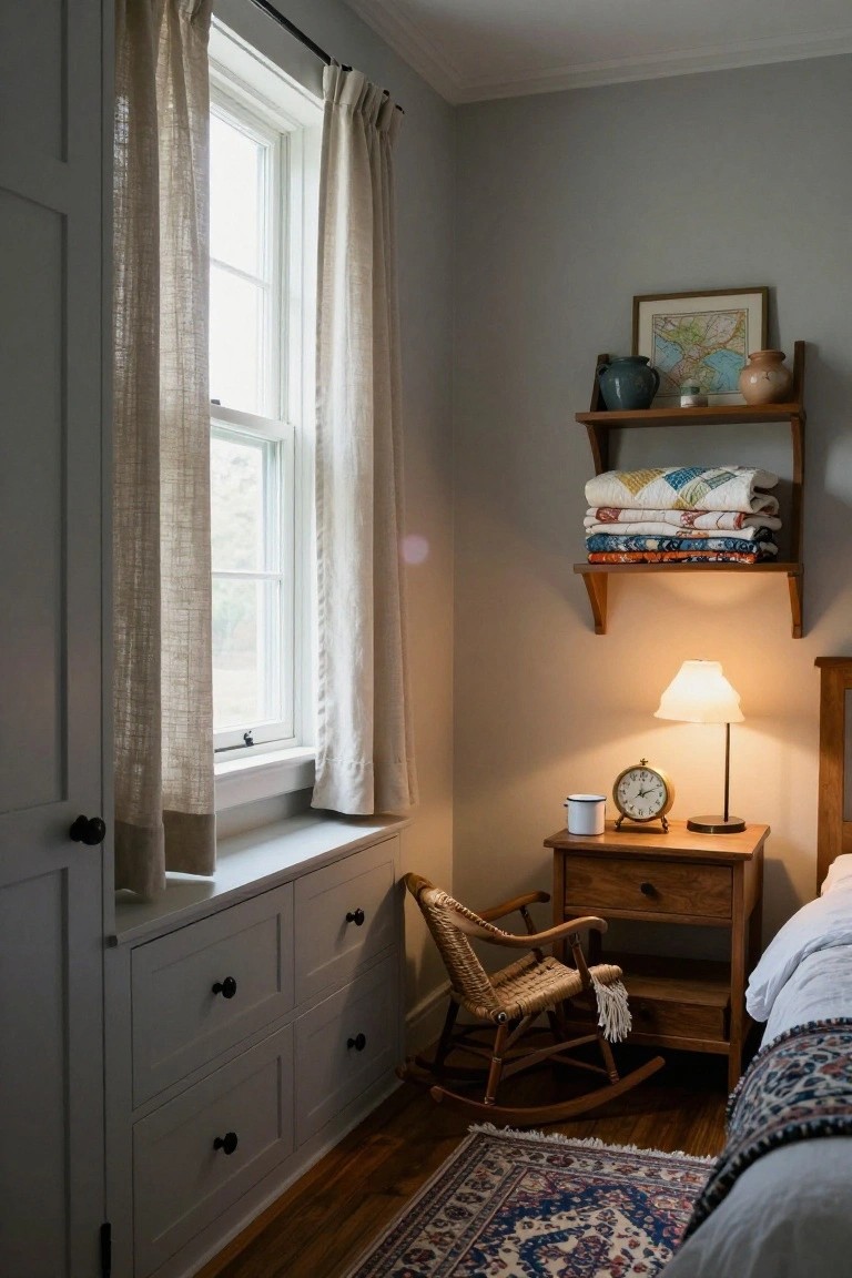 Corner of a light gray bedroom with sheer linen curtains on a multi-pane window, open wooden shelves stacked with folded colorful quilts and holding pottery, wooden nightstand with lamp clock and mug next to a wicker rocking chair and edge of bed on hardwood floor with Persian rug.