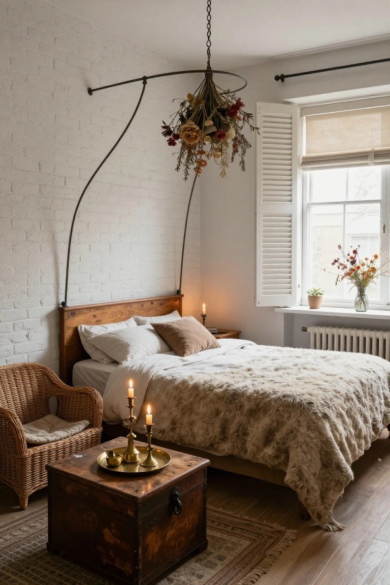 Bedroom interior with wooden bed frame under wall-mounted arched black metal structure suspending dried flowers and grasses, lit by brass candelabras on wooden trunk beside rattan armchair, exposed white brick wall, window with shutters and vase of dried flowers on sill.
