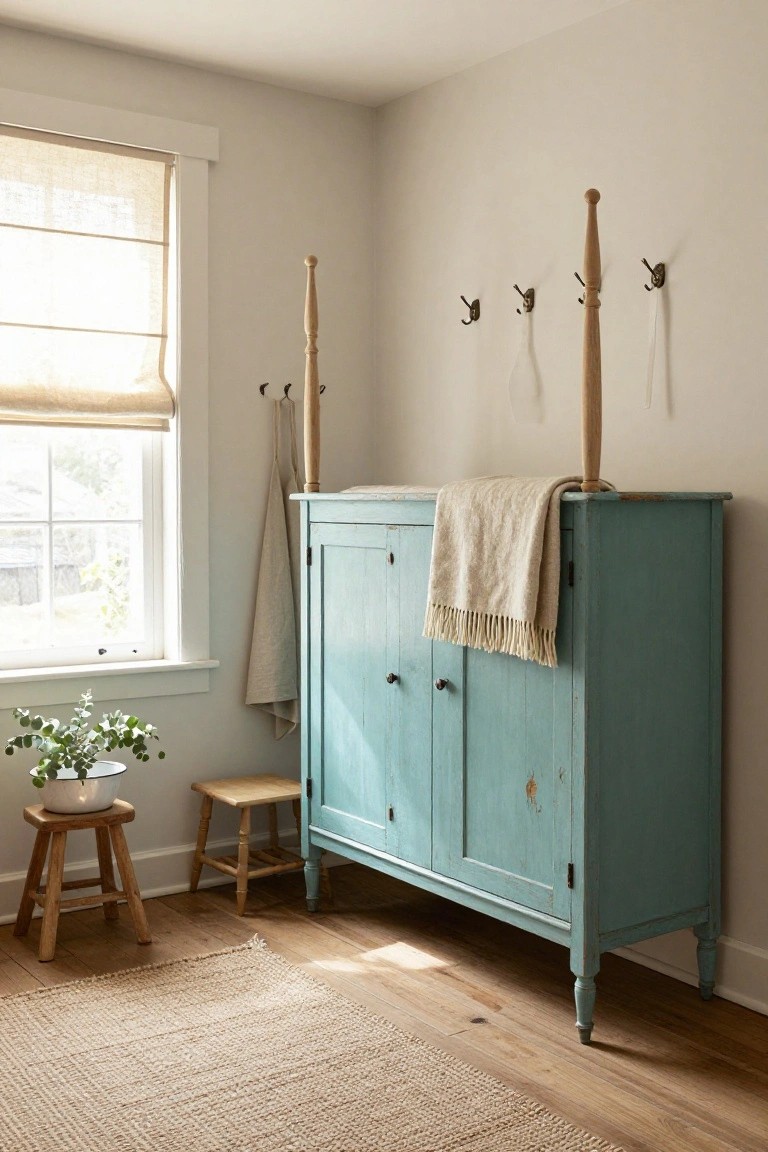 Turquoise painted wooden armoire with doors ajar in a bedroom corner, wooden pegs mounted on the wall above holding towels and robes, beside a window with linen shade and a small wooden stool.