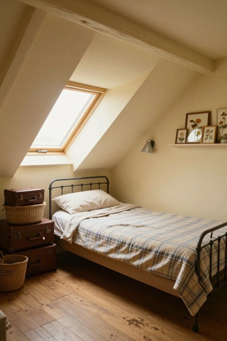 Attic bedroom with sloped ceilings and skylight, iron single bed with white sheets and plaid blanket, stacked brown leather suitcases and wicker basket beside the bed, wooden floors, wall shelf with framed botanical prints and wall lamp.