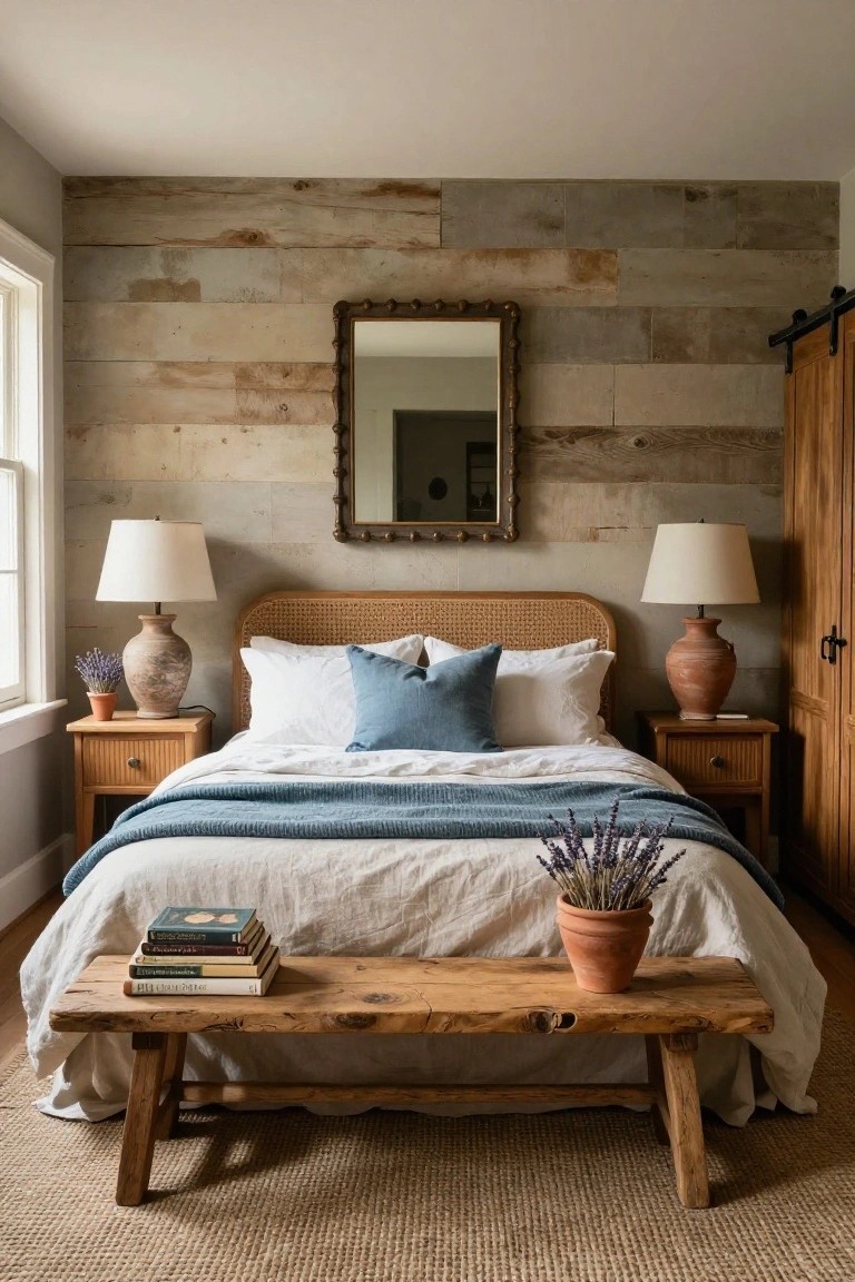 Bedroom with gray-toned wood plank accent wall behind rattan headboard bed, wooden nightstands holding terracotta lamps and pots, foot bench with books and potted lavender, white bedding with blue pillows.