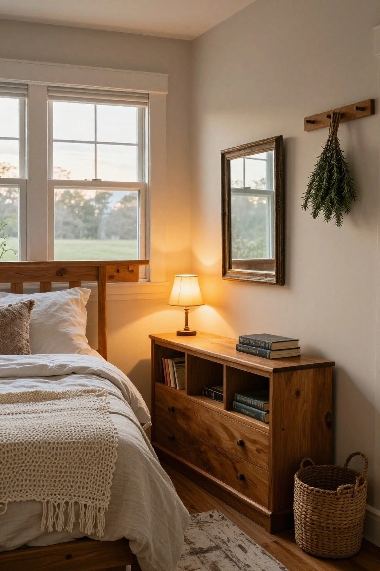 Bedroom corner with wooden bed frame and white linens, matching wooden nightstand featuring open shelves with books, a table lamp, and lower drawers, dried herb bundle hanging nearby, wicker basket on floor, large windows showing fields outside.